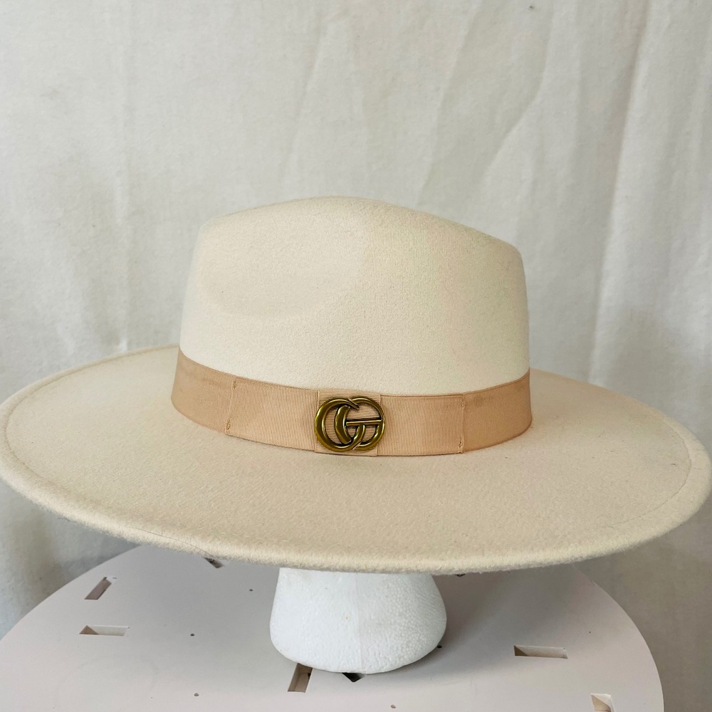 Ivory Cream Fedora Wide Brim Structured Hat with Gold‎ Accent Elegant Dressy